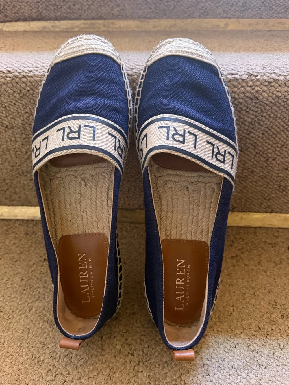 Lauren Ralph Lauren Navy Canvas Espadrille Slip-Ons with Raffia Toe
